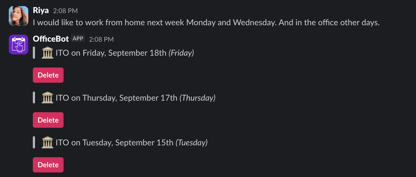 Officebot creating several leave entries from one Slack message