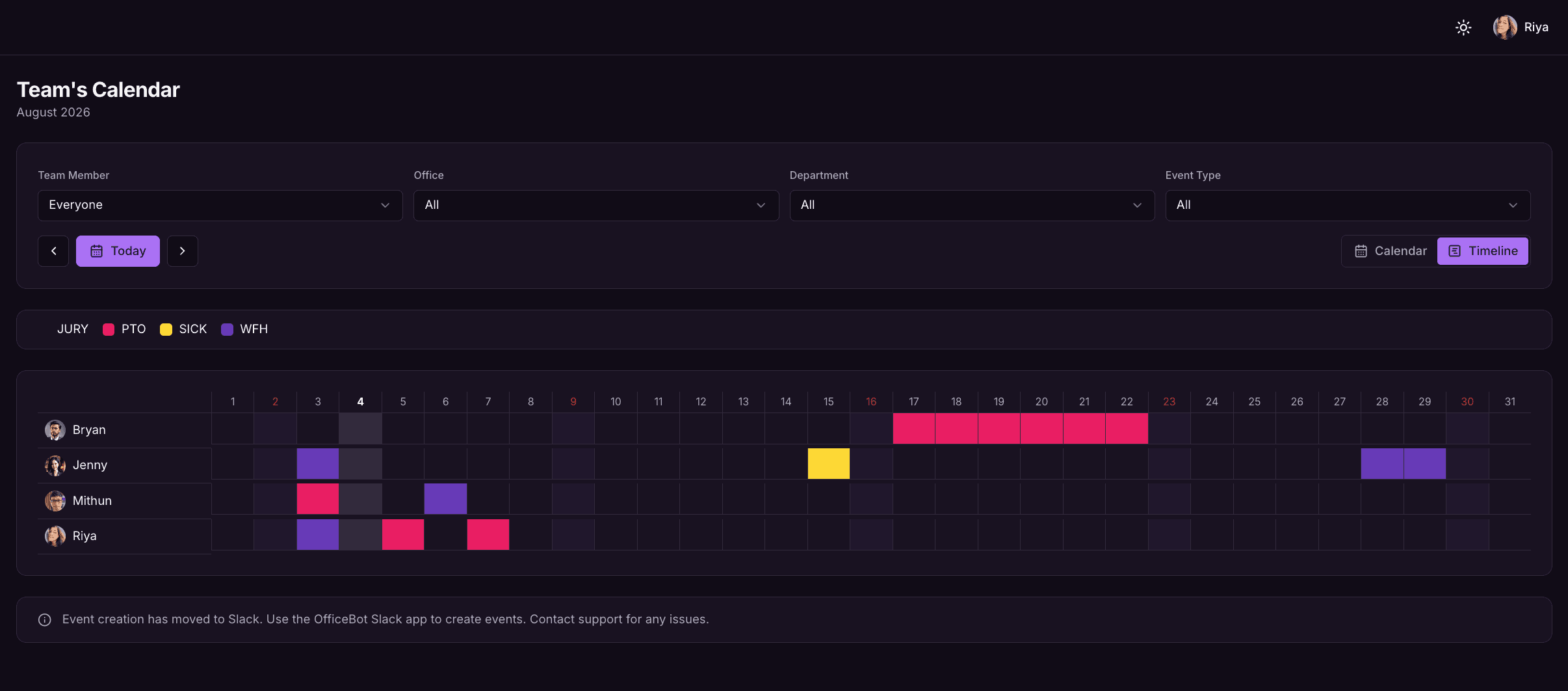 Officebot team calendar showing time off and whereabouts