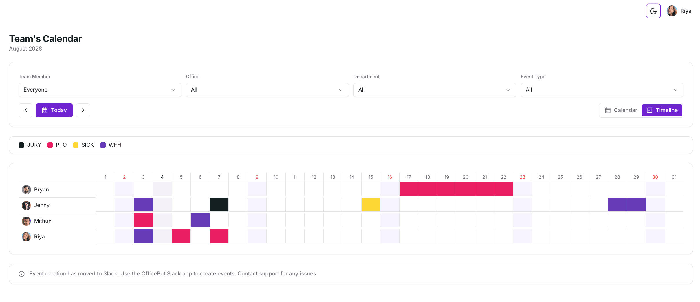 Officebot team calendar showing time off and whereabouts