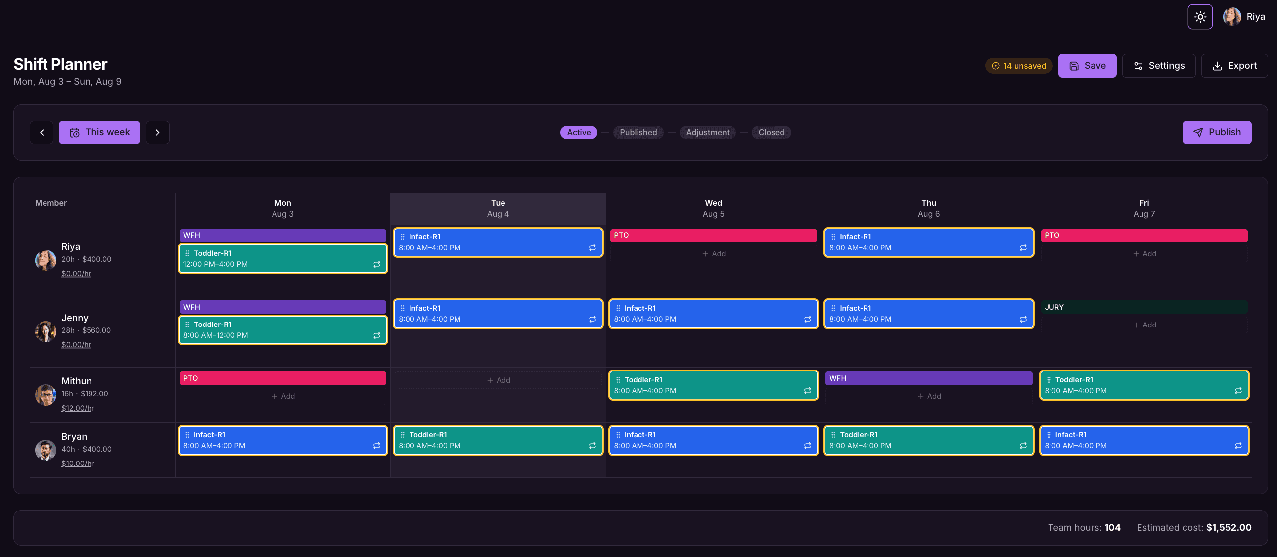 Officebot shift planner grid