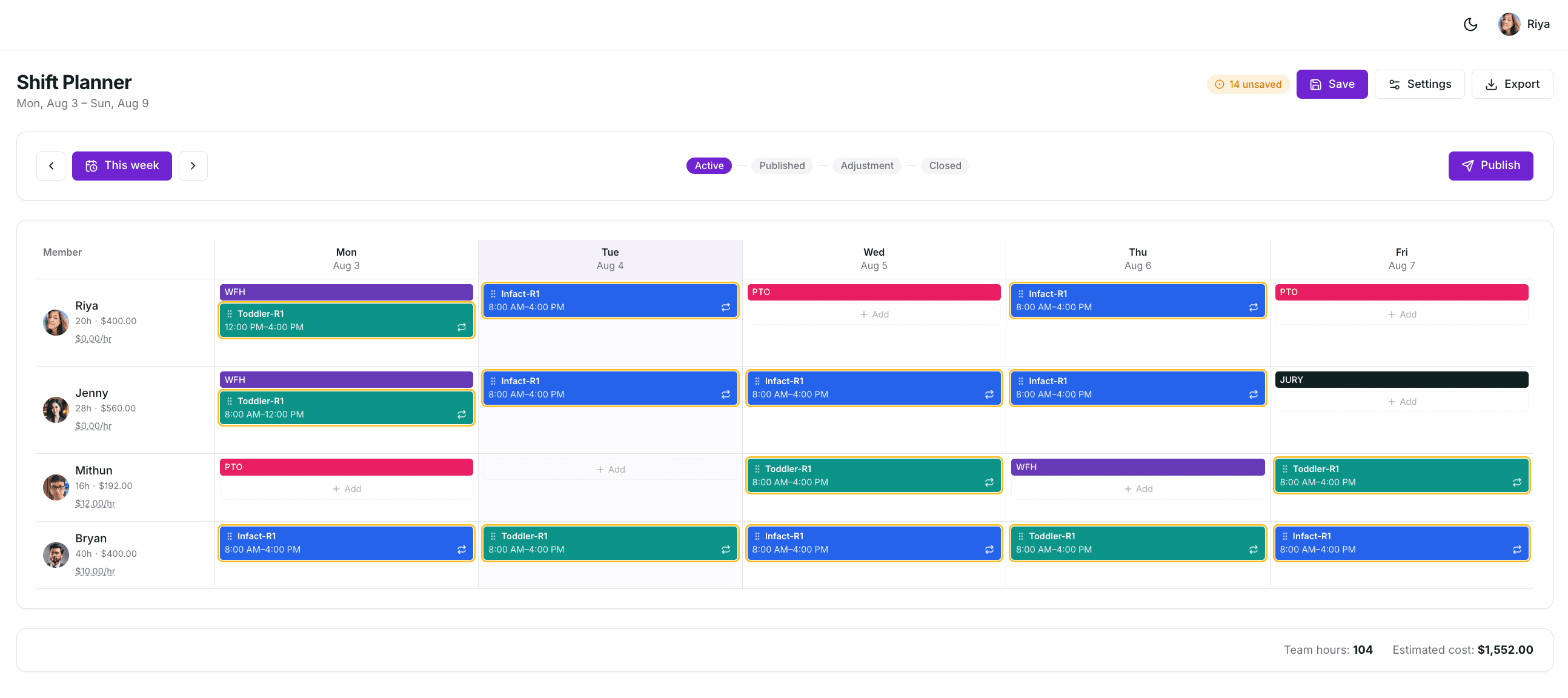 Officebot shift planner grid