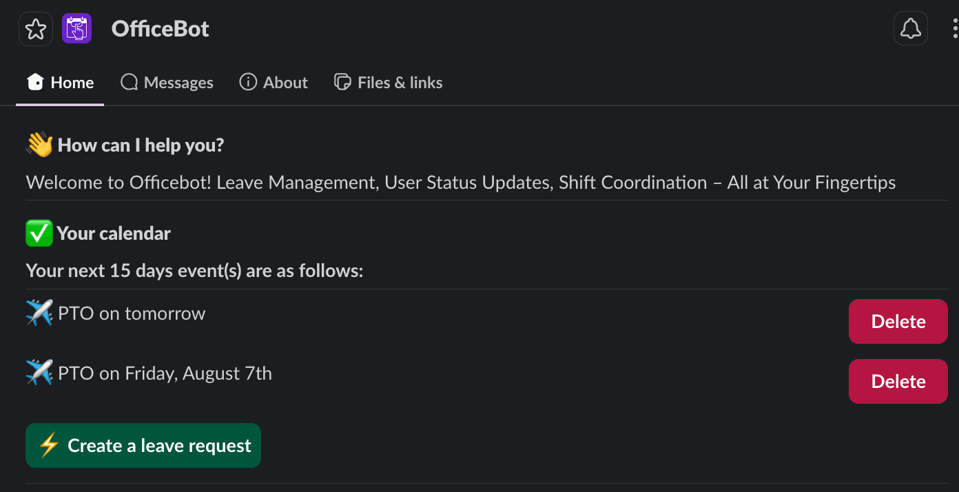 Officebot's Slack Home tab