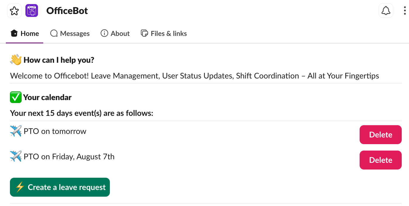 Officebot's Slack Home tab